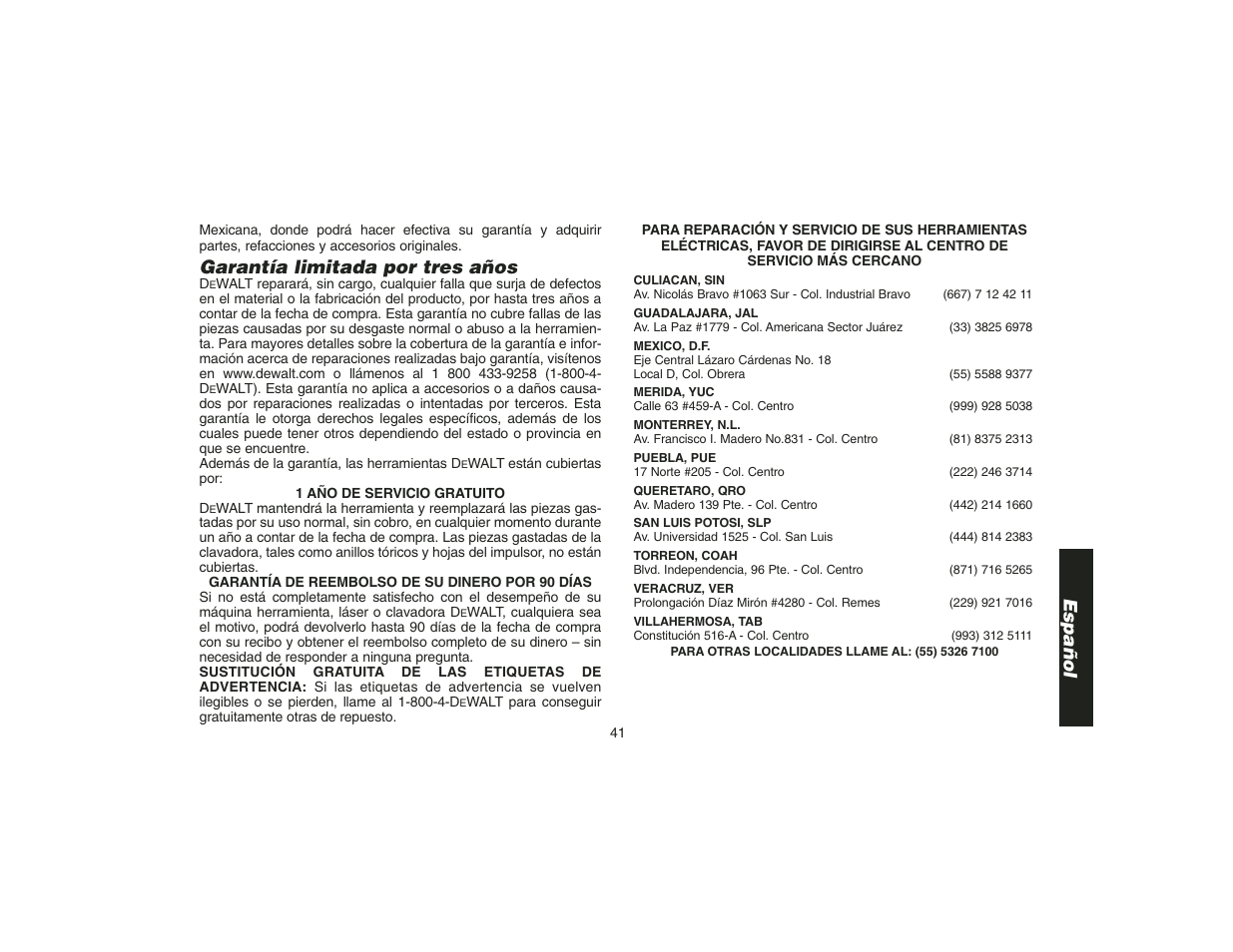 Español, Garantía limitada por tres años | DeWalt DW400 User Manual | Page 43 / 45