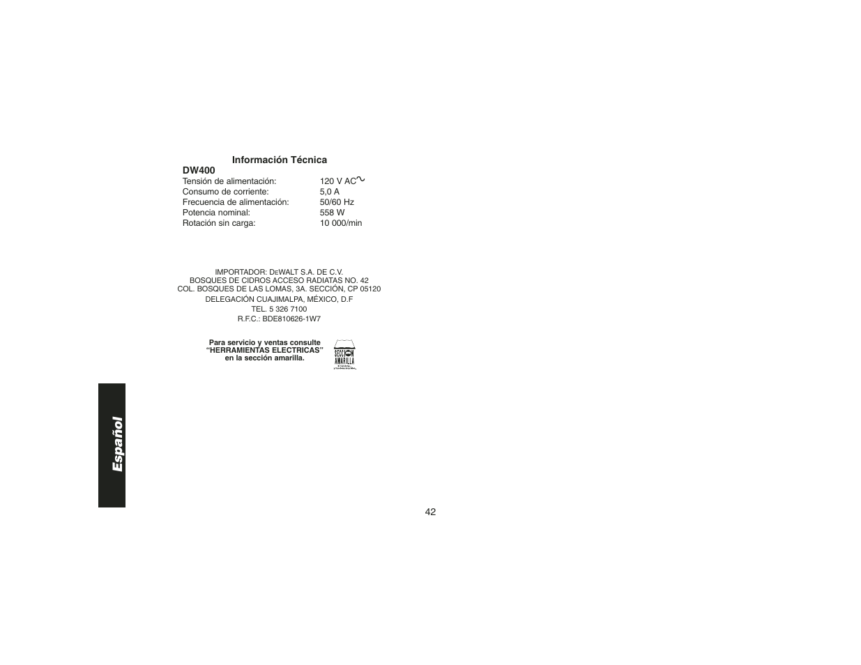 Español | DeWalt DW400 User Manual | Page 44 / 45