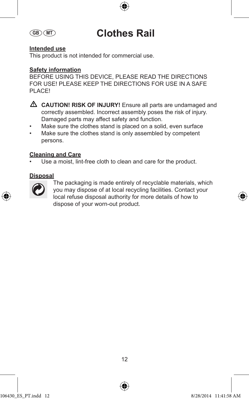 Clothes rail | Ordex T13826 User Manual | Page 12 / 13