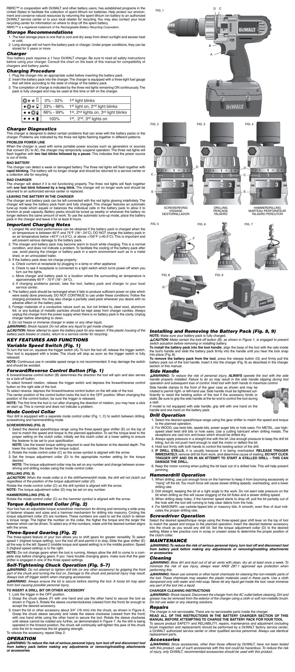 Storage recommendations, Charger, Charging procedure | Charger diagnostics, Forward/reverse control button (fig. 1), Mode control collar, Torque adjustment collar (fig. 2), Three-speed gearing (fig. 2), Self-tightening chuck operation (fig. 5–7), Operation | DeWalt 652215-00 User Manual | Page 2 / 7