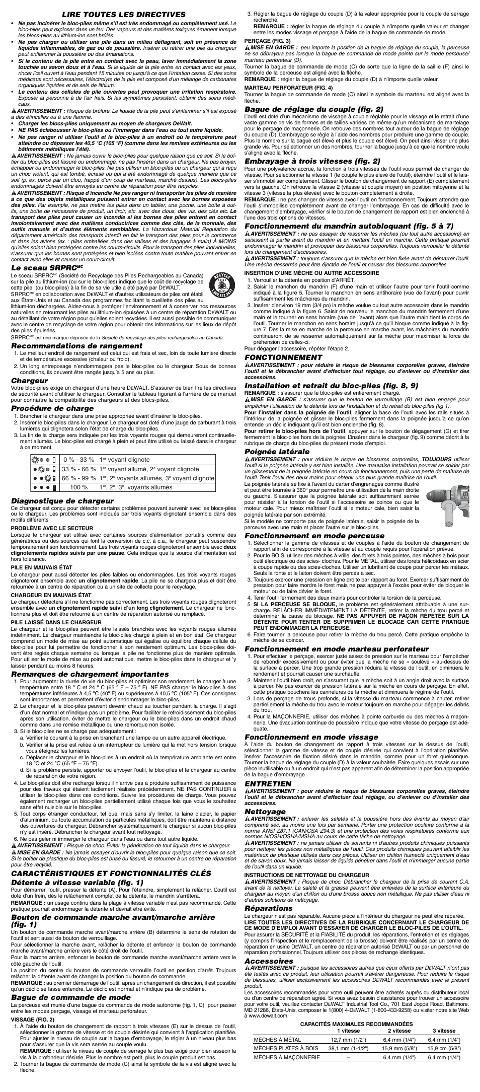 Lire toutes les directives, Le sceau srprc, Recommandations de rangement | Chargeur, Procédure de charge, Diagnostique de chargeur, Remarques de chargement importantes, Bague de commande de mode, Bague de réglage du couple (fig. 2), Embrayage à trois vitesses (fig. 2) | DeWalt 652215-00 User Manual | Page 4 / 7