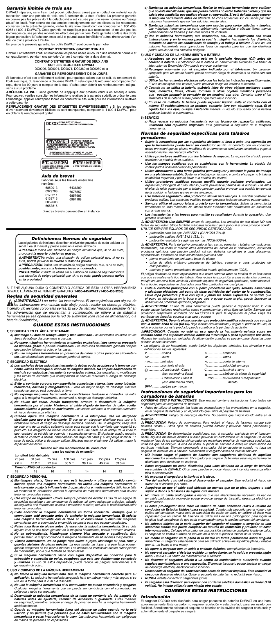 Garantie limitée de trois ans, Avis de brevet, Definiciones: normas de seguridad | Reglas de seguridad generales, Guarde estas instrucciones, Conserve estas instrucciones introducción | DeWalt 652215-00 User Manual | Page 5 / 7