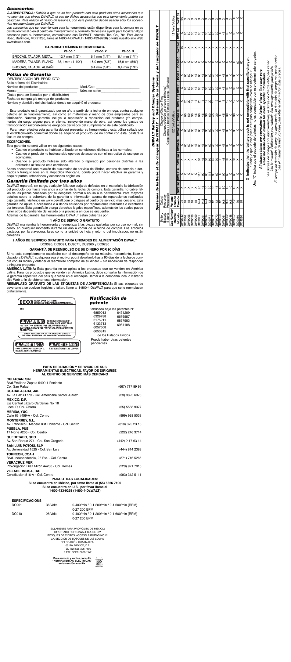 Accesorios, Póliza de garantía, Garantía limitada por tres años | Notificación de patente | DeWalt 652215-00 User Manual | Page 7 / 7