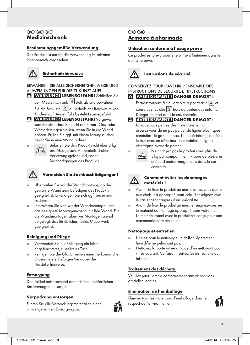 Medizinschrank, Armoire à pharmacie | Ordex 103942-14-01 / Z31734B User Manual | Page 3 / 7