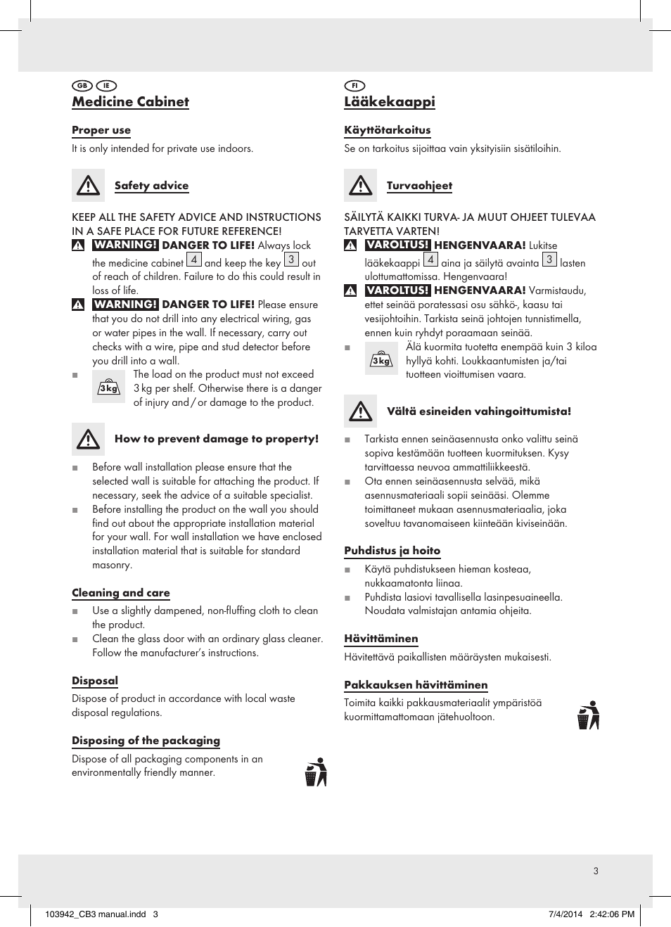 Medicine cabinet, Lääkekaappi | Ordex 103942-14-01 / Z31734B User Manual | Page 3 / 9