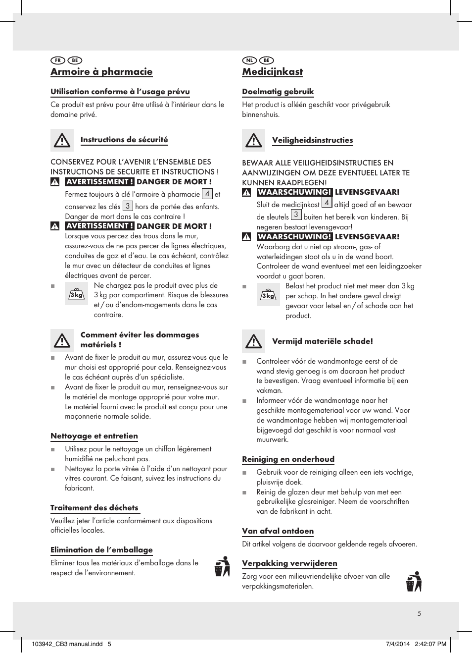 Armoire à pharmacie, Medicijnkast | Ordex 103942-14-01 / Z31734B User Manual | Page 5 / 9