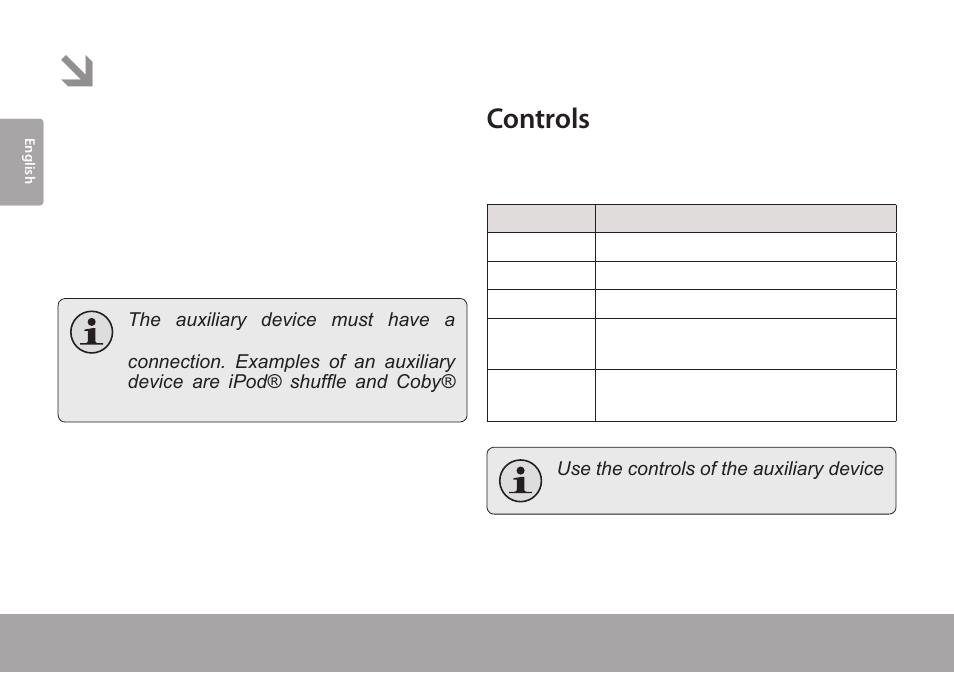 Using aux mode, Controls | COBY CSMP145 User Manual | Page 14 / 62