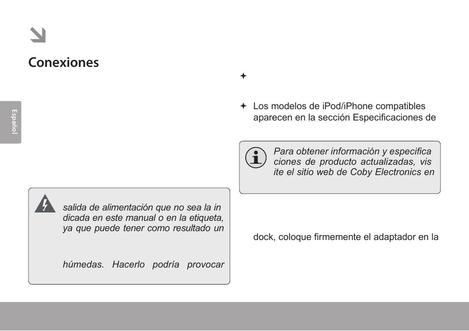 Para empezar, Conexiones, Conectar la fuente de energía | Conectar un ipod® o iphone | COBY CSMP145 User Manual | Page 30 / 62
