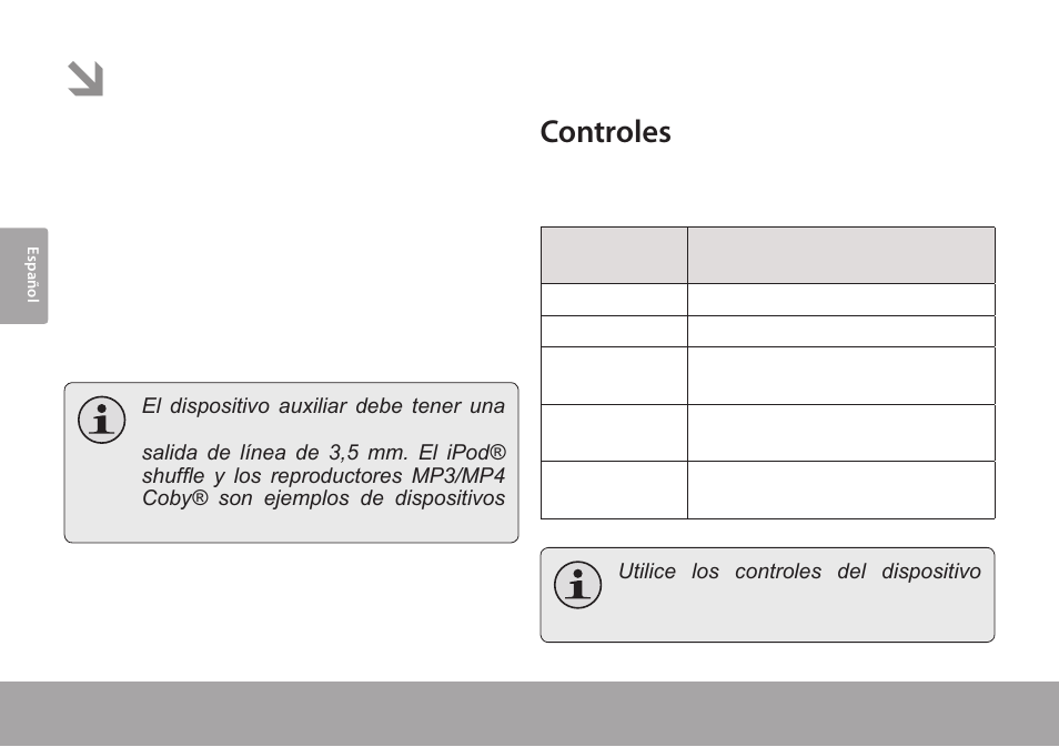 Uso del modo aux, Controles | COBY CSMP145 User Manual | Page 34 / 62