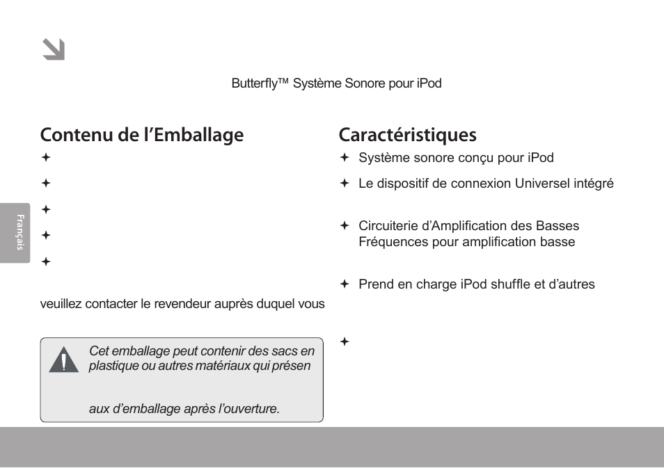 Merci, Contenu de l’emballage, Caractéristiques | COBY CSMP145 User Manual | Page 44 / 62