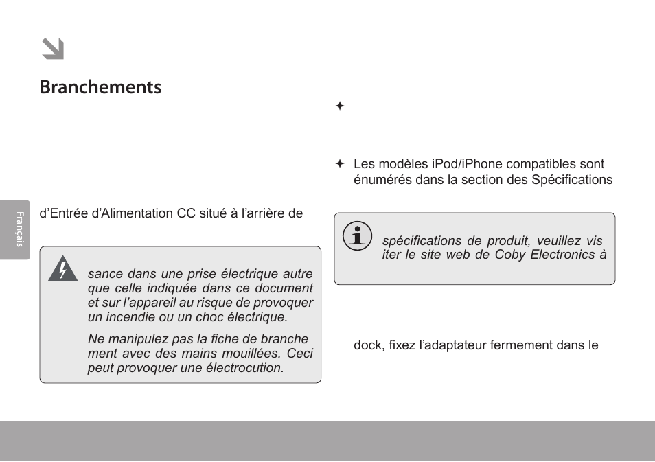 Pour démarrer, Branchements, Alimentation | Connexion d’un ipod® ou iphone | COBY CSMP145 User Manual | Page 50 / 62
