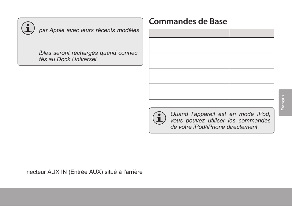 Connexion d’un dispositif auxiliaire, Commandes de base | COBY CSMP145 User Manual | Page 51 / 62
