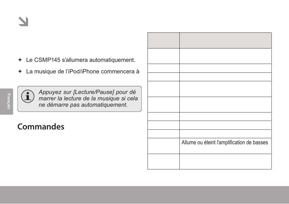 Utilisation du mode ipod®/iphone, Commandes, Utilisation du mode ipod | Iphone | COBY CSMP145 User Manual | Page 52 / 62