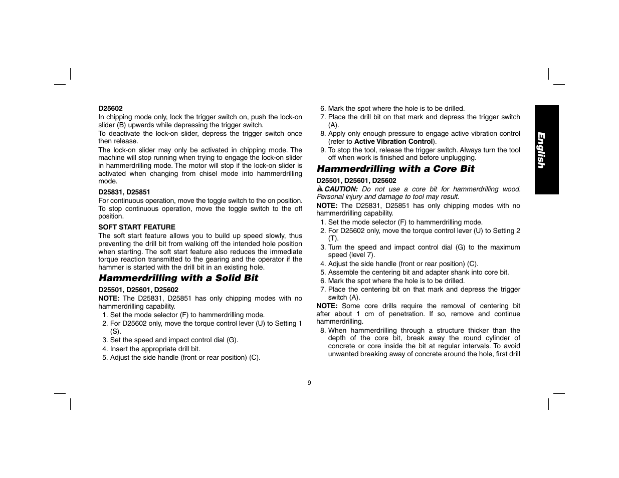 English, Hammerdrilling with a solid bit, Hammerdrilling with a core bit | DeWalt D25602 User Manual | Page 10 / 39