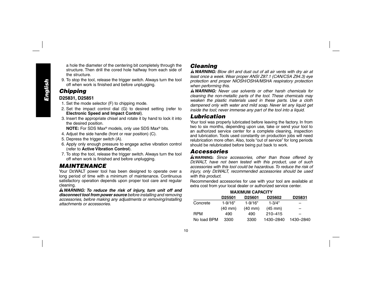 English, Chipping, Maintenance | Cleaning, Lubrication, Accessories | DeWalt D25602 User Manual | Page 11 / 39