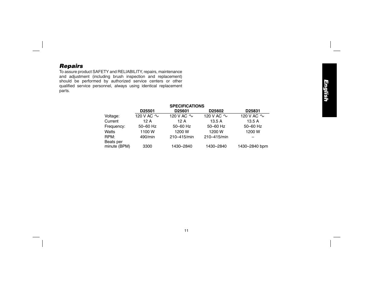 English repairs | DeWalt D25602 User Manual | Page 12 / 39