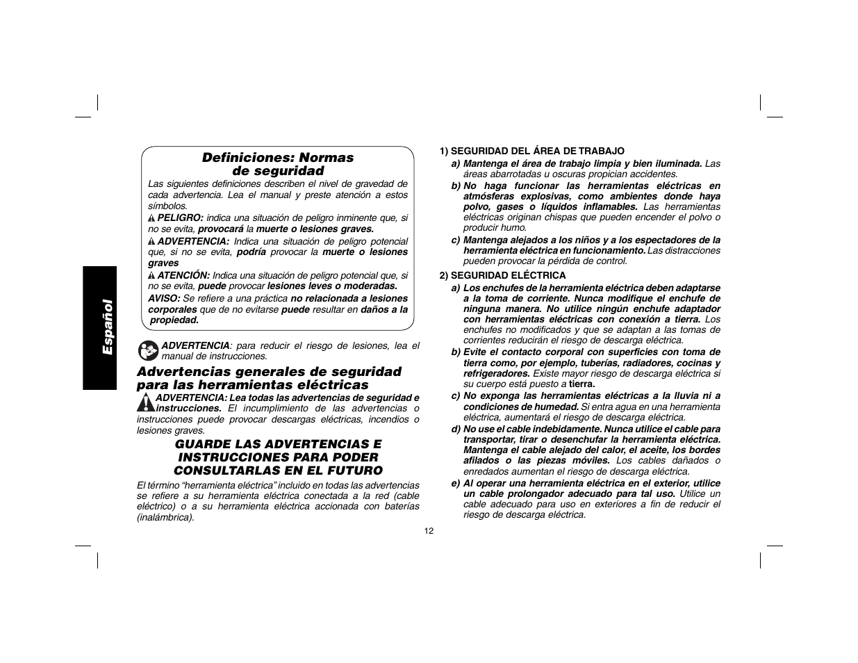 Español definiciones: normas de seguridad | DeWalt D25602 User Manual | Page 13 / 39