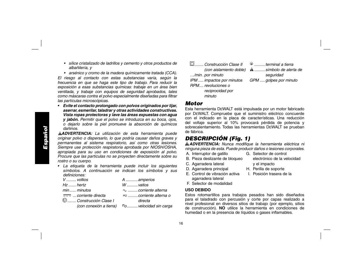 Español, Motor, Descripción (fig. 1) | DeWalt D25602 User Manual | Page 17 / 39