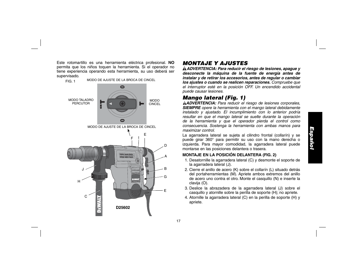 Español, Montaje y ajustes, Mango lateral (fig. 1) | DeWalt D25602 User Manual | Page 18 / 39