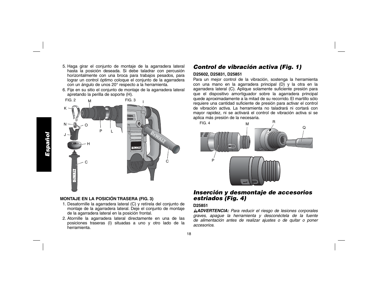 Español, Control de vibración activa (fig. 1) | DeWalt D25602 User Manual | Page 19 / 39