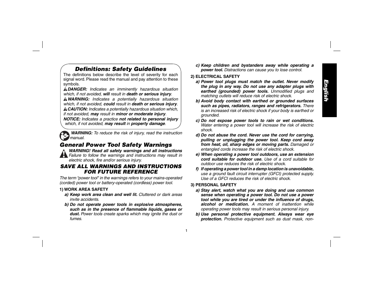 English definitions: safety guidelines, General power tool safety warnings | DeWalt D25602 User Manual | Page 2 / 39