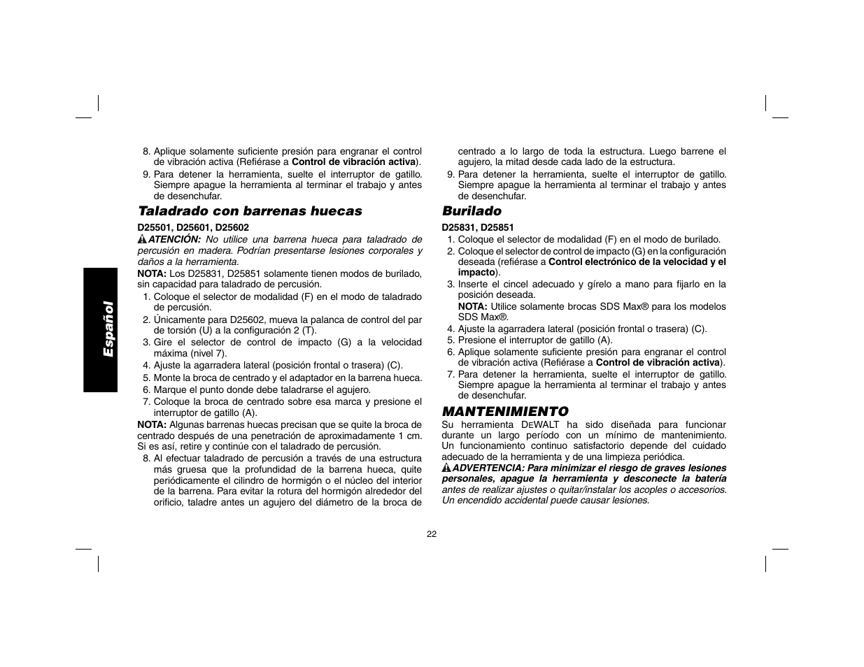 Español, Taladrado con barrenas huecas, Burilado | Mantenimiento | DeWalt D25602 User Manual | Page 23 / 39