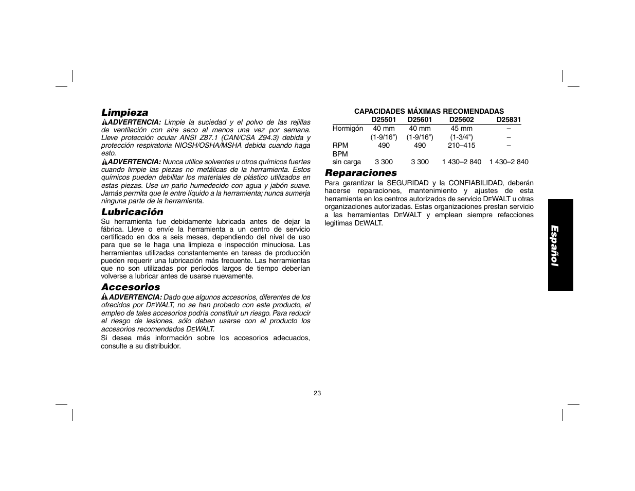 Español limpieza, Lubricación, Accesorios | Reparaciones | DeWalt D25602 User Manual | Page 24 / 39