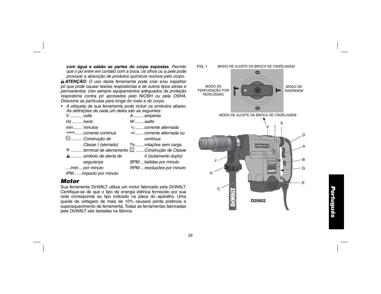 Por tuguês, Motor | DeWalt D25602 User Manual | Page 30 / 39