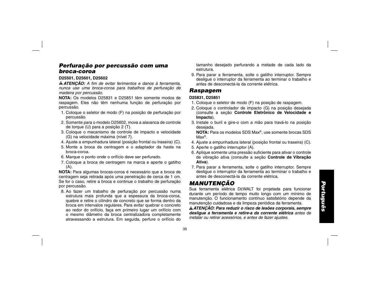 Raspagem, Manutenção | DeWalt D25602 User Manual | Page 36 / 39