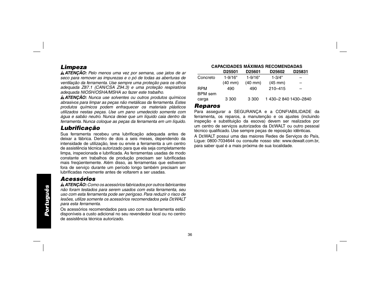 Por tuguês limpeza, Lubrificação, Acessórios | Reparos | DeWalt D25602 User Manual | Page 37 / 39