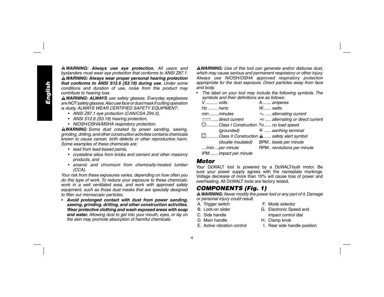 English, Motor, Components (fig. 1) | DeWalt D25602 User Manual | Page 5 / 39