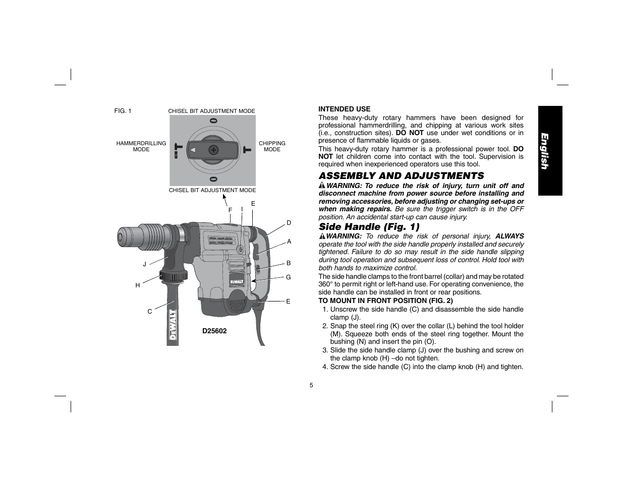 English, Assembly and adjustments, Side handle (fig. 1) | DeWalt D25602 User Manual | Page 6 / 39