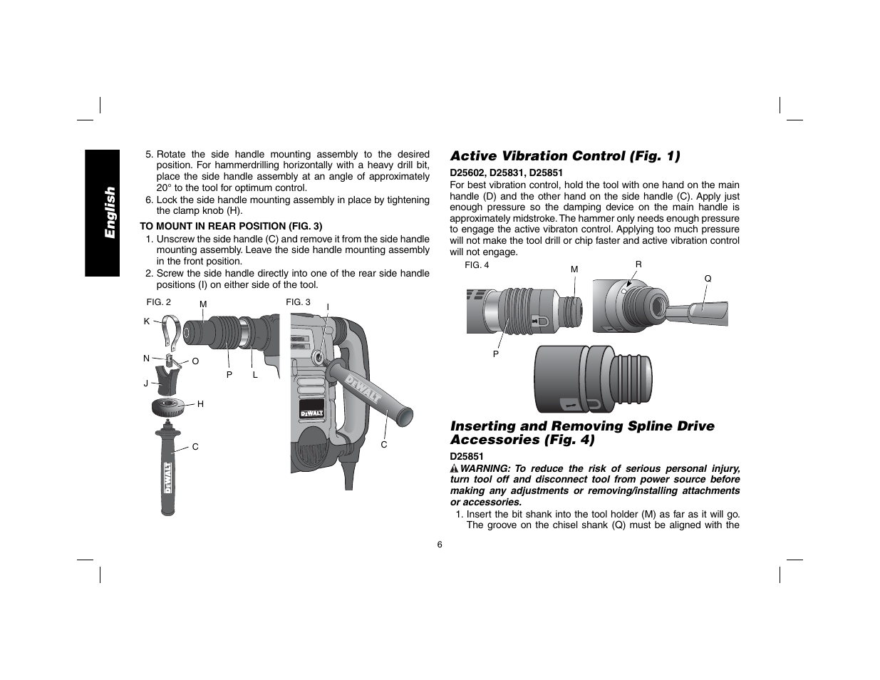 English, Active vibration control (fig. 1) | DeWalt D25602 User Manual | Page 7 / 39