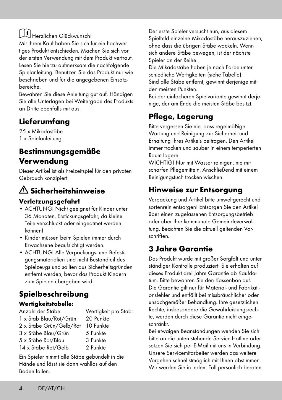 Lieferumfang, Bestimmungsgemäße verwendung, Sicherheitshinweise | Spielbeschreibung, Pflege, lagerung, Hinweise zur entsorgung, 3 jahre garantie | Playtive GIANT PICK-UP STICKS User Manual | Page 4 / 12