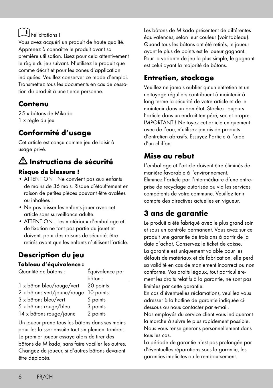 Entretien, stockage, Mise au rebut, 3 ans de garantie | Contenu, Conformité d’usage, Instructions de sécurité, Description du jeu | Playtive GIANT PICK-UP STICKS User Manual | Page 6 / 12