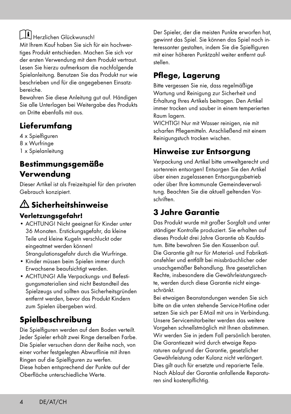 Lieferumfang, Bestimmungsgemäße verwendung, Sicherheitshinweise | Spielbeschreibung, Pflege, lagerung, Hinweise zur entsorgung, 3 jahre garantie | Playtive HOOPLA GAME User Manual | Page 4 / 12