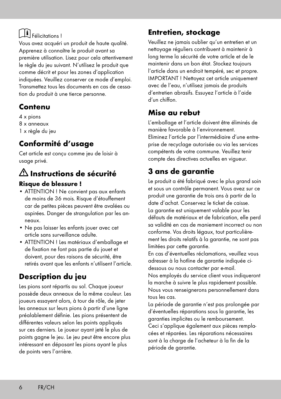 Entretien, stockage, Mise au rebut, 3 ans de garantie | Contenu, Conformité d’usage, Instructions de sécurité, Description du jeu | Playtive HOOPLA GAME User Manual | Page 6 / 12