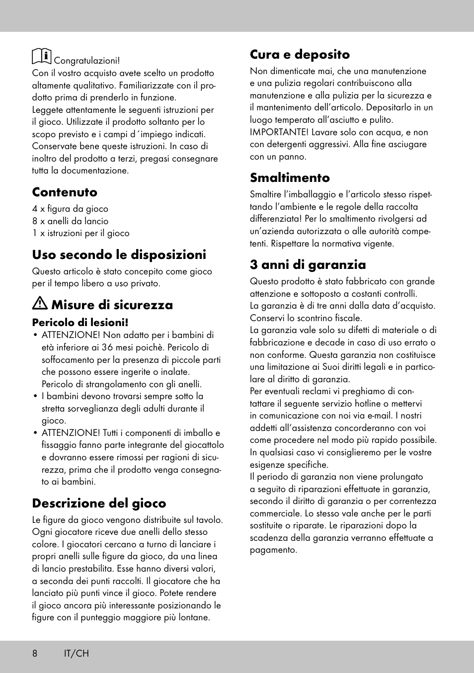 Contenuto, Uso secondo le disposizioni, Misure di sicurezza | Descrizione del gioco, Cura e deposito, Smaltimento, 3 anni di garanzia | Playtive HOOPLA GAME User Manual | Page 8 / 12