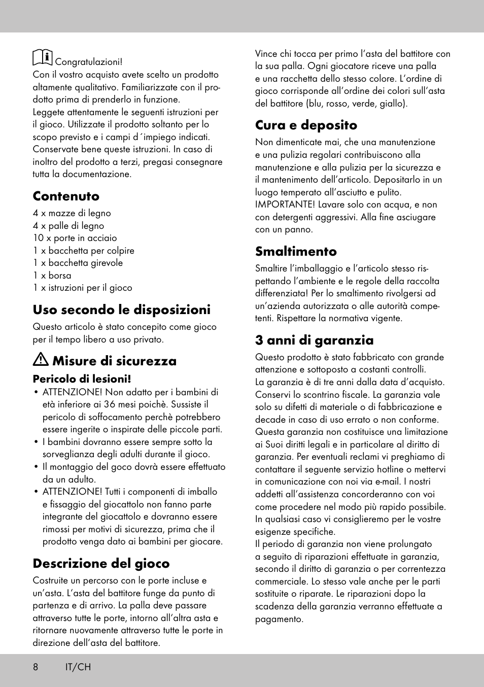 Contenuto, Uso secondo le disposizioni, Misure di sicurezza | Descrizione del gioco, Cura e deposito, Smaltimento, 3 anni di garanzia | Playtive CROQUET SET User Manual | Page 8 / 12