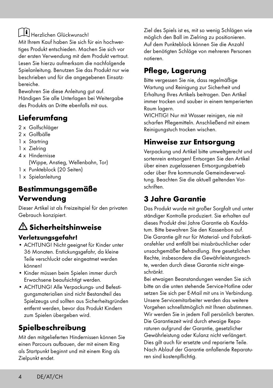 Lieferumfang, Bestimmungsgemäße verwendung, Sicherheitshinweise | Spielbeschreibung, Pflege, lagerung, Hinweise zur entsorgung, 3 jahre garantie | Playtive MINI GOLF SET User Manual | Page 4 / 12