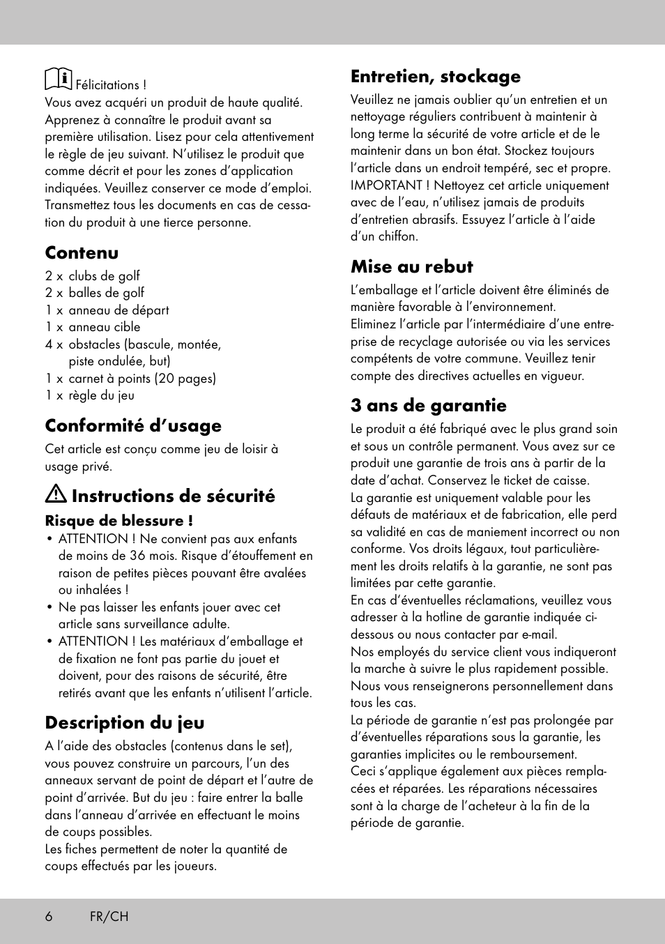 Entretien, stockage, Mise au rebut, 3 ans de garantie | Contenu, Conformité d’usage, Instructions de sécurité, Description du jeu | Playtive MINI GOLF SET User Manual | Page 6 / 12