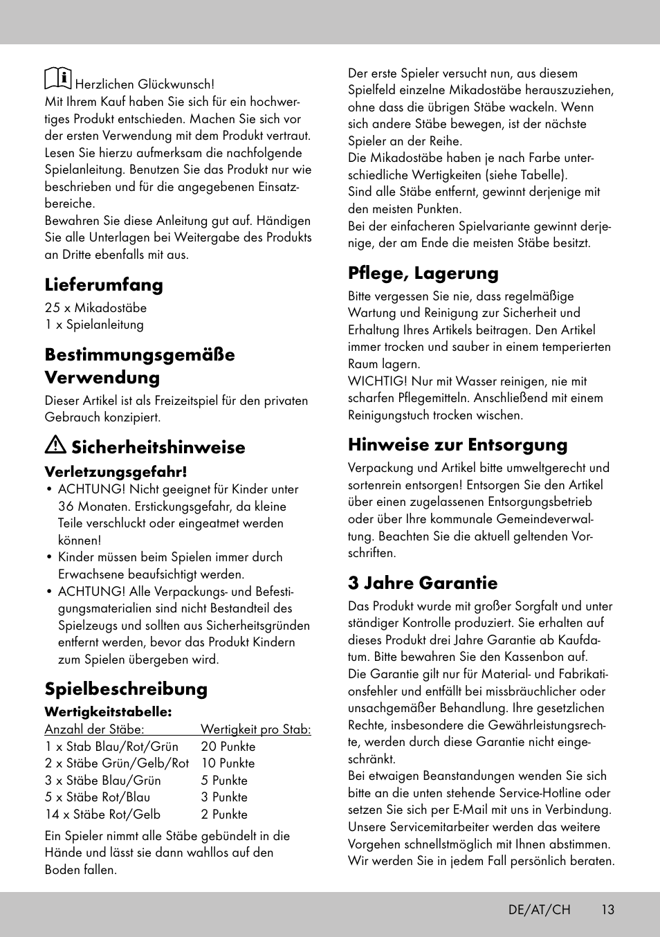 Lieferumfang, Bestimmungsgemäße verwendung, Sicherheitshinweise | Spielbeschreibung, Pflege, lagerung, Hinweise zur entsorgung, 3 jahre garantie | Playtive GIANT PICK-UP STICKS User Manual | Page 13 / 16