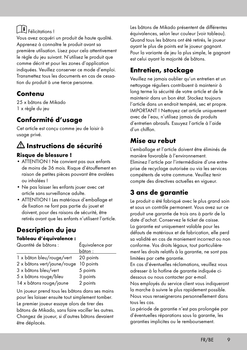 Contenu, Conformité d’usage, Instructions de sécurité | Description du jeu, Entretien, stockage, Mise au rebut, 3 ans de garantie | Playtive GIANT PICK-UP STICKS User Manual | Page 9 / 16