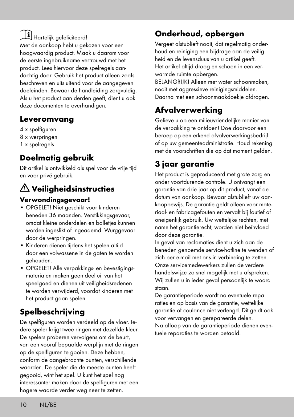 Leveromvang, Doelmatig gebruik, Veiligheidsinstructies | Spelbeschrijving, Onderhoud, opbergen, Afvalverwerking, 3 jaar garantie | Playtive HOOPLA GAME User Manual | Page 10 / 16