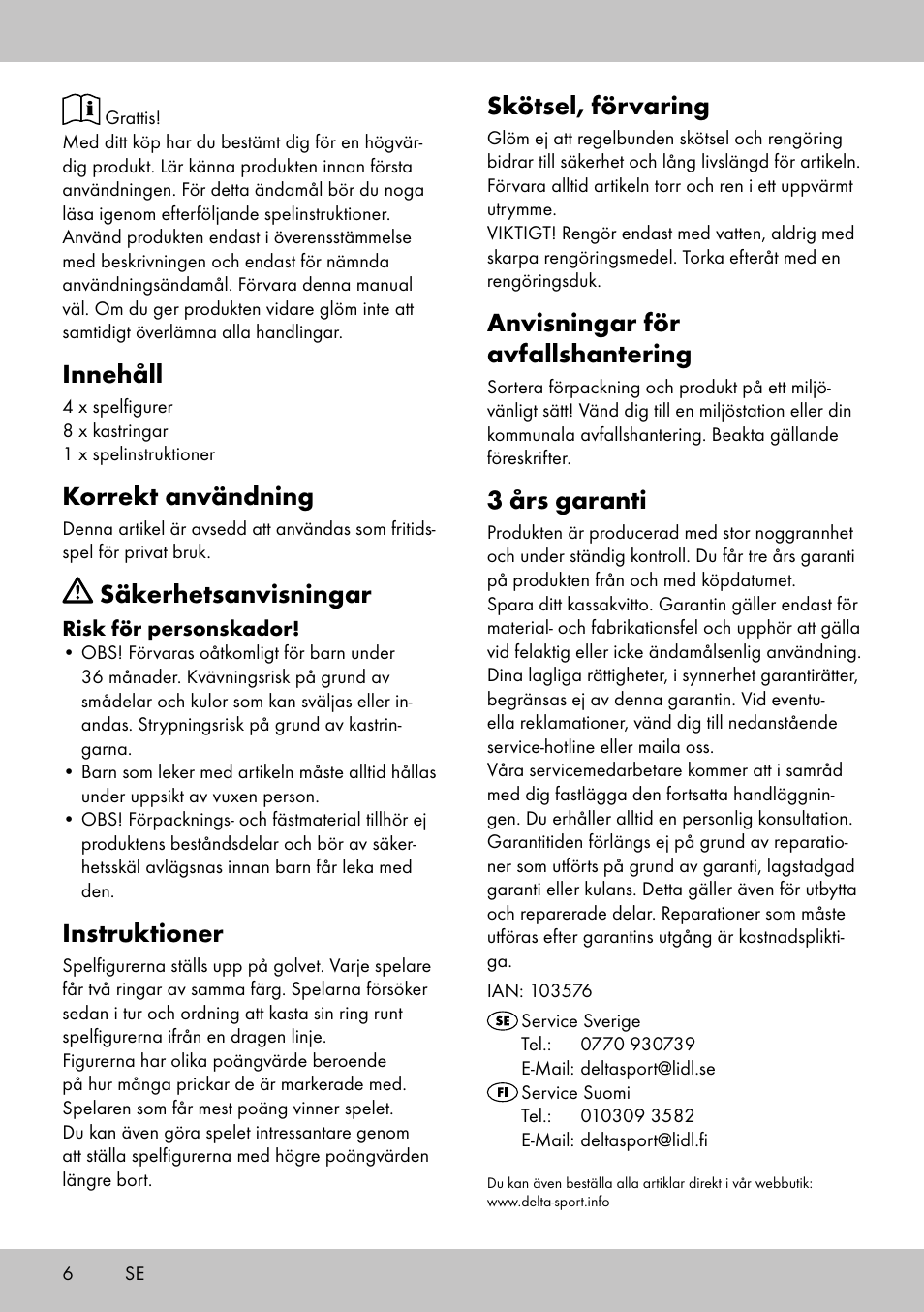 Innehåll, Korrekt användning, Säkerhetsanvisningar | Instruktioner, Skötsel, förvaring, Anvisningar för avfallshantering, 3 års garanti | Playtive HOOPLA GAME User Manual | Page 6 / 16