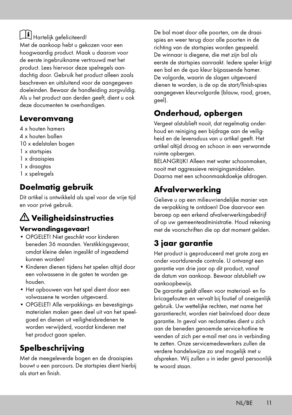 Onderhoud, opbergen, Afvalverwerking, 3 jaar garantie | Leveromvang, Doelmatig gebruik, Veiligheidsinstructies, Spelbeschrijving | Playtive CROQUET SET User Manual | Page 11 / 16