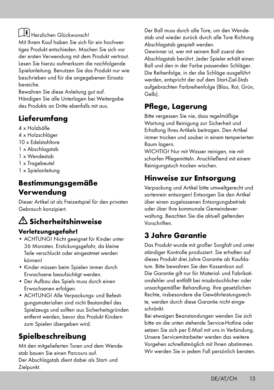 Lieferumfang, Bestimmungsgemäße verwendung, Sicherheitshinweise | Spielbeschreibung, Pflege, lagerung, Hinweise zur entsorgung, 3 jahre garantie | Playtive CROQUET SET User Manual | Page 13 / 16