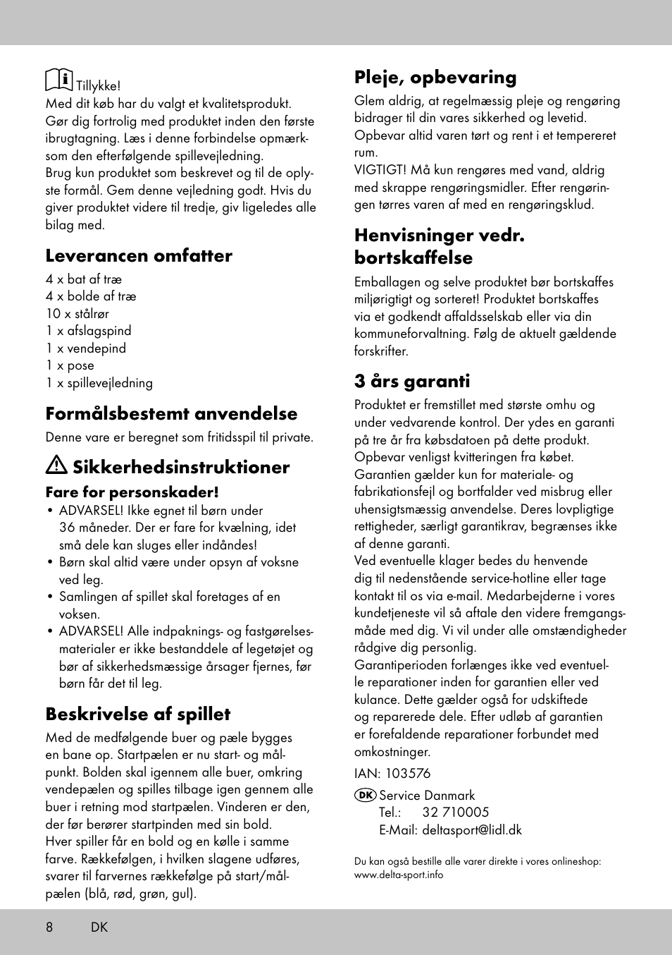 Leverancen omfatter, Formålsbestemt anvendelse, Sikkerhedsinstruktioner | Beskrivelse af spillet, Pleje, opbevaring, Henvisninger vedr. bortskaffelse, 3 års garanti | Playtive CROQUET SET User Manual | Page 8 / 16