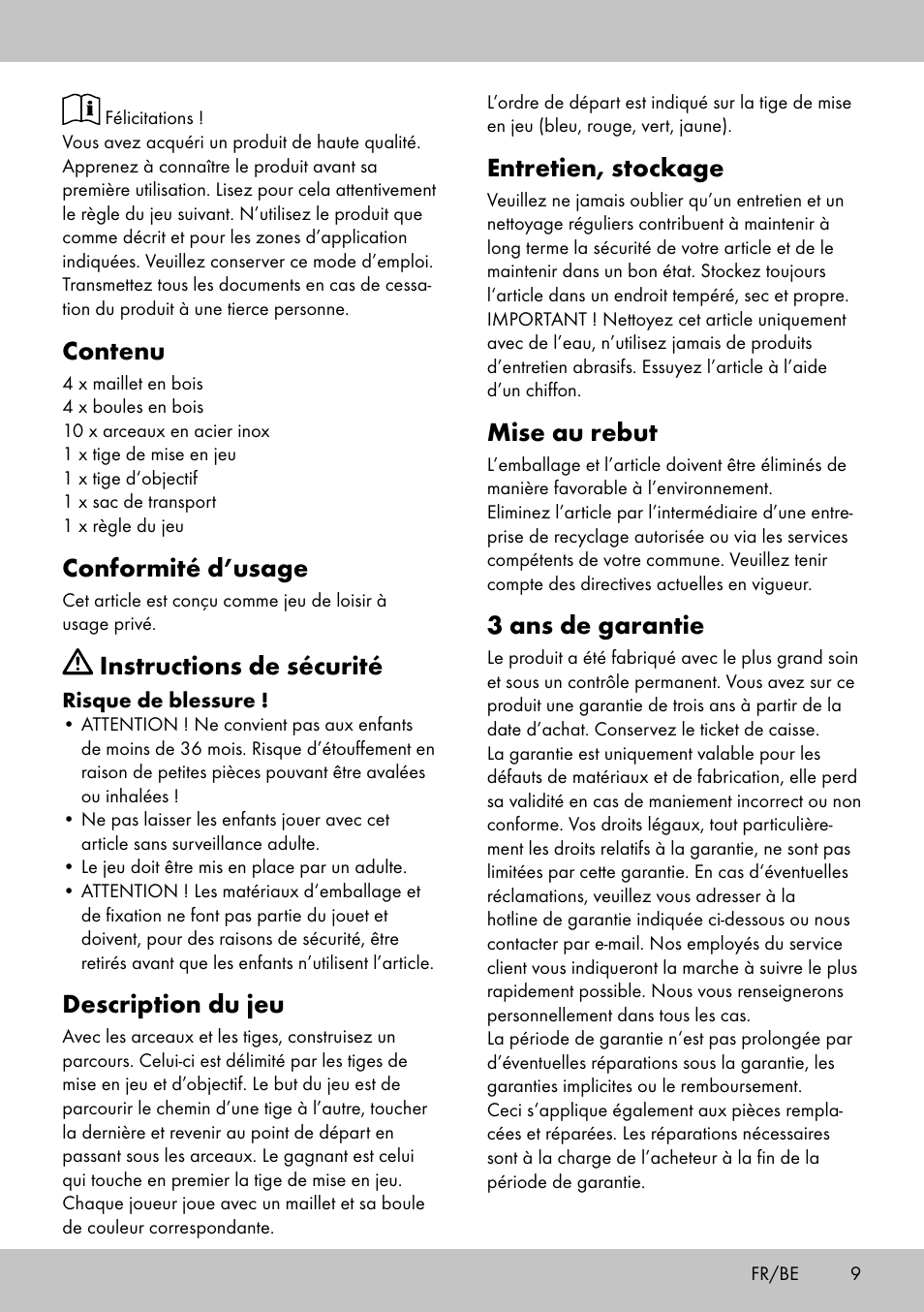 Entretien, stockage, Mise au rebut, 3 ans de garantie | Contenu, Conformité d’usage, Instructions de sécurité, Description du jeu | Playtive CROQUET SET User Manual | Page 9 / 16