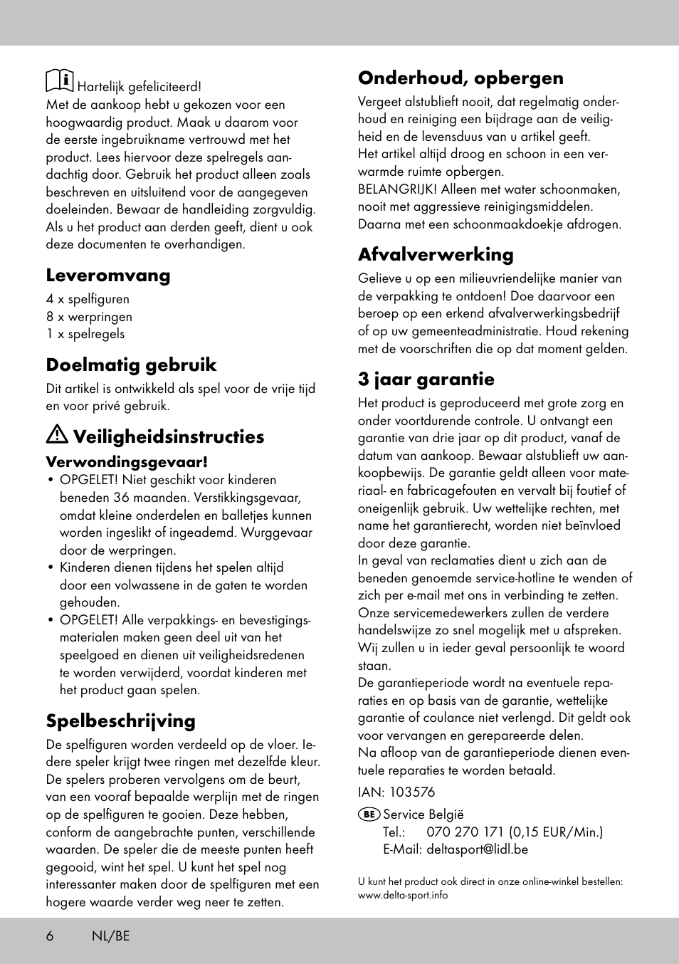 Leveromvang, Doelmatig gebruik, Veiligheidsinstructies | Spelbeschrijving, Onderhoud, opbergen, Afvalverwerking, 3 jaar garantie | Playtive HOOPLA GAME User Manual | Page 6 / 12